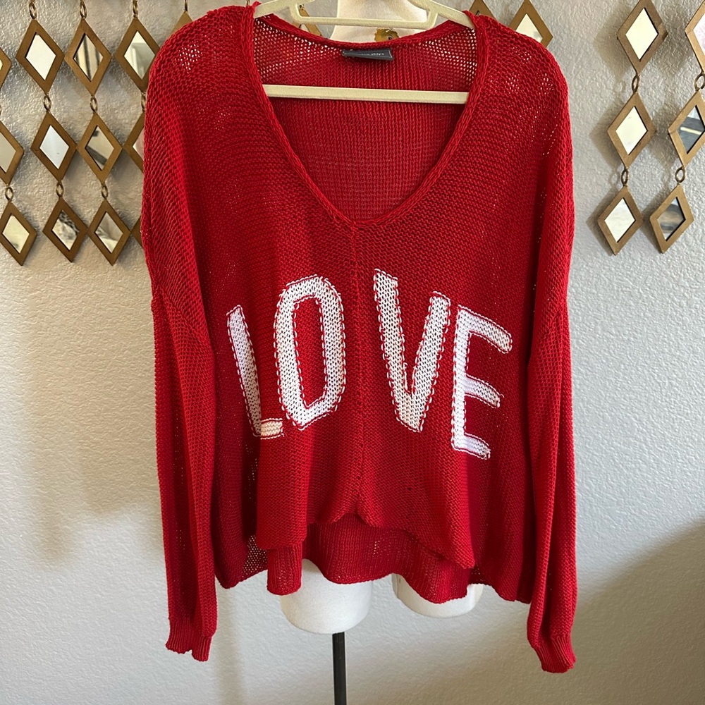 Wooden Ships Red V-Neck Sweater with LOVE Design ❤️